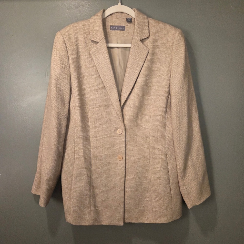 Kate Hill Women's Size 14 100% Silk Textured Woven Blazer Two Button Tan